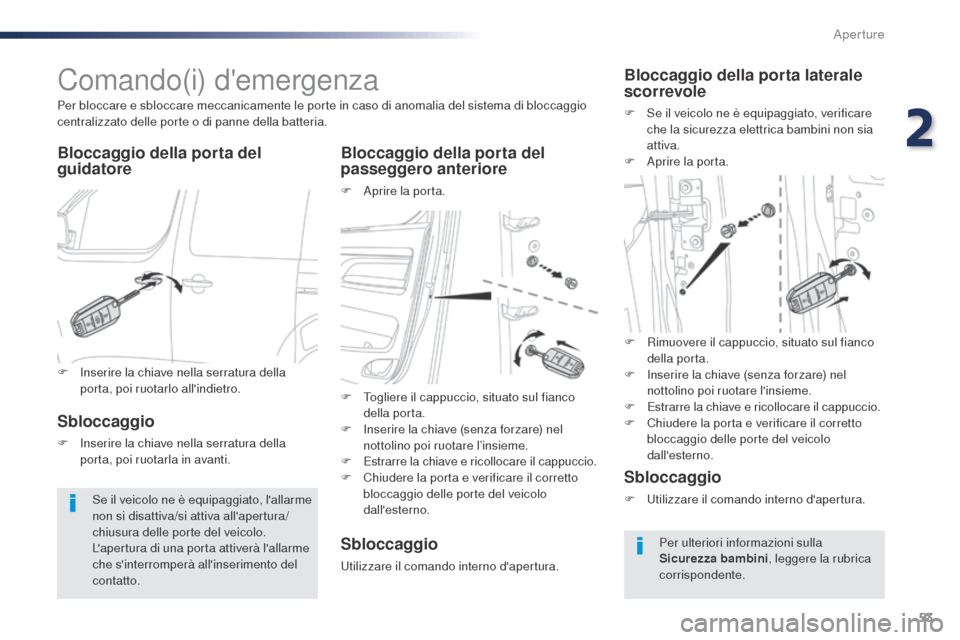 Peugeot Expert VU 2016  Manuale del proprietario (in Italian) 53
Expert_it_Chap02_ouvertures_ed01-2016
Comando(i) demergenza
Bloccaggio della porta del 
guidatoreBloccaggio della porta del 
passeggero anteriore
F Aprire la porta.
Per bloccare e sbloccare meccan