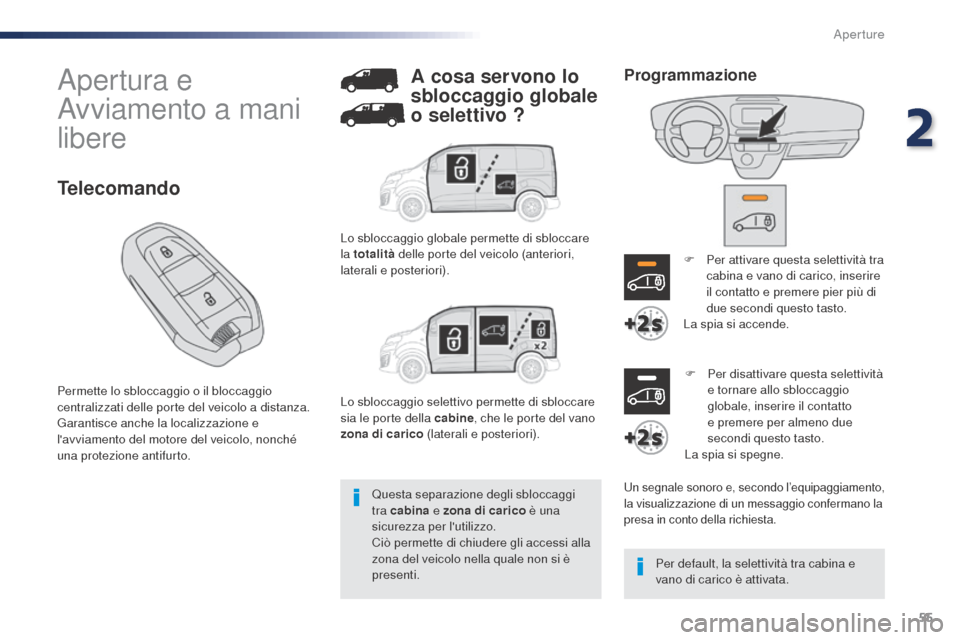 Peugeot Expert VU 2016  Manuale del proprietario (in Italian) 55
Expert_it_Chap02_ouvertures_ed01-2016
Apertura e 
Avviamento a mani 
libere
Permette lo sbloccaggio o il bloccaggio 
centralizzati delle porte del veicolo a distanza.
Garantisce anche la localizzaz