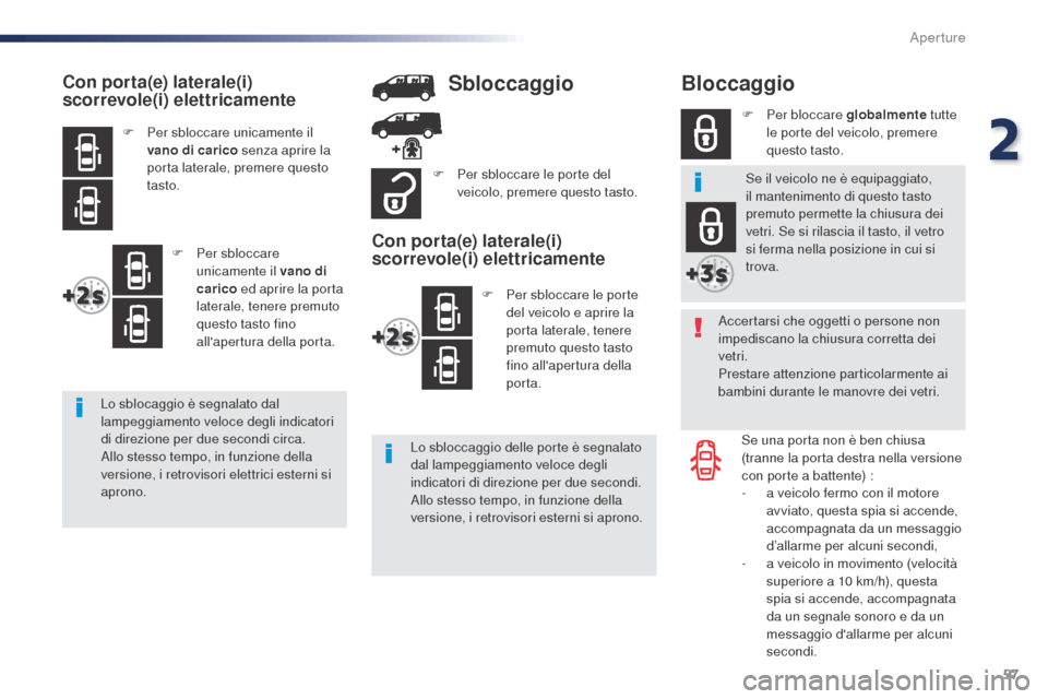 Peugeot Expert VU 2016  Manuale del proprietario (in Italian) 57
Expert_it_Chap02_ouvertures_ed01-2016
Bloccaggio
Accertarsi che oggetti o persone non 
impediscano la chiusura corretta dei 
vetri.
Prestare attenzione particolarmente ai 
bambini durante le manovr