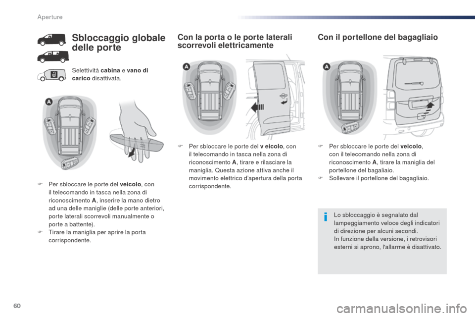 Peugeot Expert VU 2016  Manuale del proprietario (in Italian) 60
Expert_it_Chap02_ouvertures_ed01-2016
Selettività cabina e vano di 
carico  disattivata.
Lo sbloccaggio è segnalato dal 
lampeggiamento veloce degli indicatori 
di direzione per alcuni secondi.
I