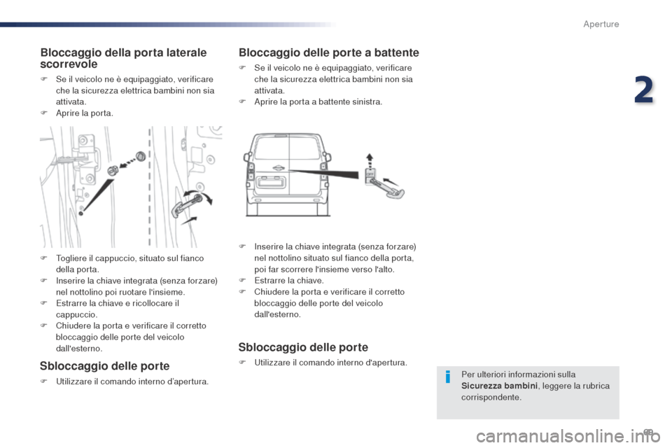 Peugeot Expert VU 2016 Manuale del proprietario (in Italian) 69
Expert_it_Chap02_ouvertures_ed01-2016
Per ulteriori informazioni sulla
Sicurezza bambini, leggere la rubrica
corrispondente.
Bloccaggio della porta laterale
scorrevole
F Se il veicolo ne è equi Peugeot Expert VU 2016 Manuale del proprietario (in Italian) 69
Expert_it_Chap02_ouvertures_ed01-2016
Per ulteriori informazioni sulla
Sicurezza bambini, leggere la rubrica
corrispondente.
Bloccaggio della porta laterale
scorrevole
F Se il veicolo ne è equi