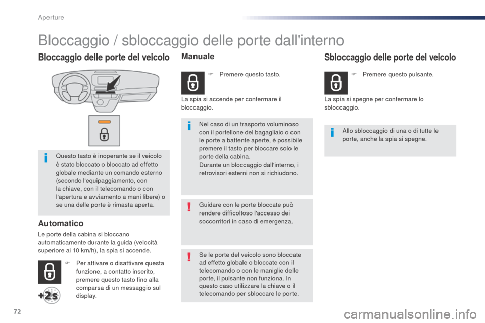 Peugeot Expert VU 2016 Manuale del proprietario (in Italian) 72
Expert_it_Chap02_ouvertures_ed01-2016
Bloccaggio delle porte del veicolo
Questo tasto è inoperante se il veicolo
è stato bloccato o bloccato ad effetto
globale mediante un comando esterno
(sec Peugeot Expert VU 2016 Manuale del proprietario (in Italian) 72
Expert_it_Chap02_ouvertures_ed01-2016
Bloccaggio delle porte del veicolo
Questo tasto è inoperante se il veicolo
è stato bloccato o bloccato ad effetto
globale mediante un comando esterno
(sec
