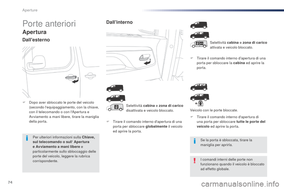 Peugeot Expert VU 2016 Manuale del proprietario (in Italian) 74
Expert_it_Chap02_ouvertures_ed01-2016
Porte anteriori
Apertura
Dallesterno
F Tirare il comando interno dapertura di una porta per sbloccare globalmente il veicolo
ed aprire la porta. F
T
ira Peugeot Expert VU 2016 Manuale del proprietario (in Italian) 74
Expert_it_Chap02_ouvertures_ed01-2016
Porte anteriori
Apertura
Dallesterno
F Tirare il comando interno dapertura di una porta per sbloccare globalmente il veicolo
ed aprire la porta. F
T
ira
