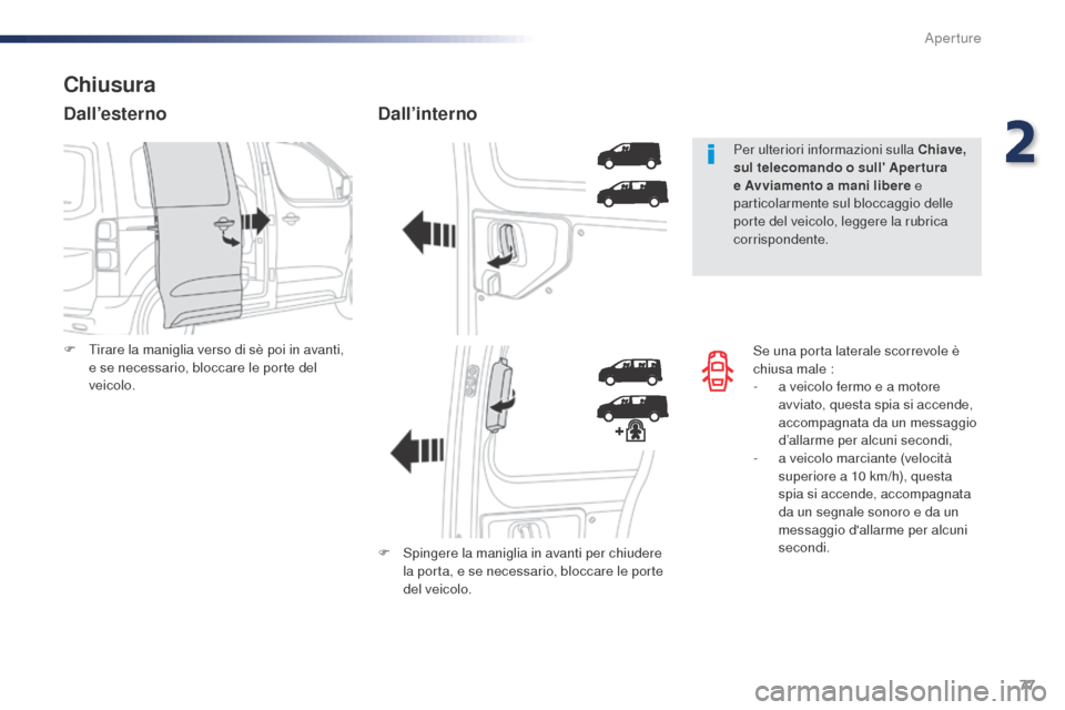 Peugeot Expert VU 2016 Manuale del proprietario (in Italian) 77
Expert_it_Chap02_ouvertures_ed01-2016
Se una porta laterale scorrevole è
chiusa male :
-
a v
eicolo fermo e a motore
avviato, questa spia si accende,
accompagnata da un messaggio
d’allarme Peugeot Expert VU 2016 Manuale del proprietario (in Italian) 77
Expert_it_Chap02_ouvertures_ed01-2016
Se una porta laterale scorrevole è
chiusa male :
-
a v
eicolo fermo e a motore
avviato, questa spia si accende,
accompagnata da un messaggio
d’allarme