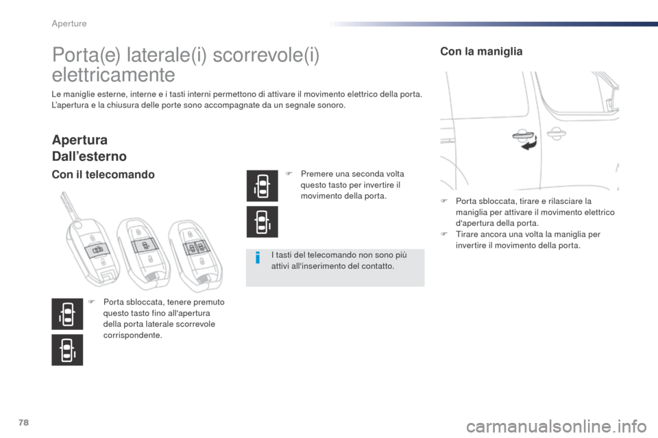 Peugeot Expert VU 2016 Manuale del proprietario (in Italian) 78
Expert_it_Chap02_ouvertures_ed01-2016
Porta(e) laterale(i) scorrevole(i)
elettricamente
Le maniglie esterne, interne e i tasti interni permettono di attivare il movimento elettrico della porta.
L Peugeot Expert VU 2016 Manuale del proprietario (in Italian) 78
Expert_it_Chap02_ouvertures_ed01-2016
Porta(e) laterale(i) scorrevole(i)
elettricamente
Le maniglie esterne, interne e i tasti interni permettono di attivare il movimento elettrico della porta.
L