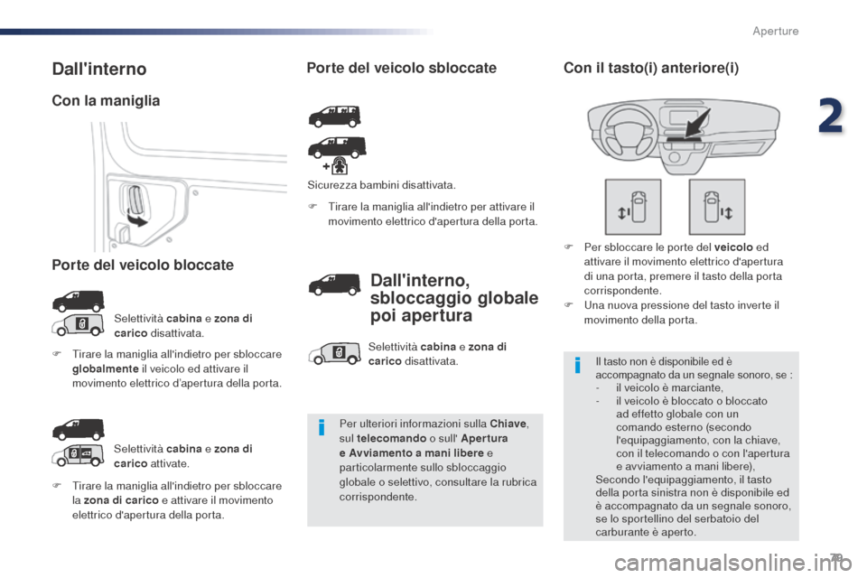 Peugeot Expert VU 2016 Manuale del proprietario (in Italian) 79
Expert_it_Chap02_ouvertures_ed01-2016
F Tirare la maniglia allindietro per sbloccare la zona di carico e attivare il movimento
elettrico dapertura della porta. F
T
irare la maniglia allindi Peugeot Expert VU 2016 Manuale del proprietario (in Italian) 79
Expert_it_Chap02_ouvertures_ed01-2016
F Tirare la maniglia allindietro per sbloccare la zona di carico e attivare il movimento
elettrico dapertura della porta. F
T
irare la maniglia allindi