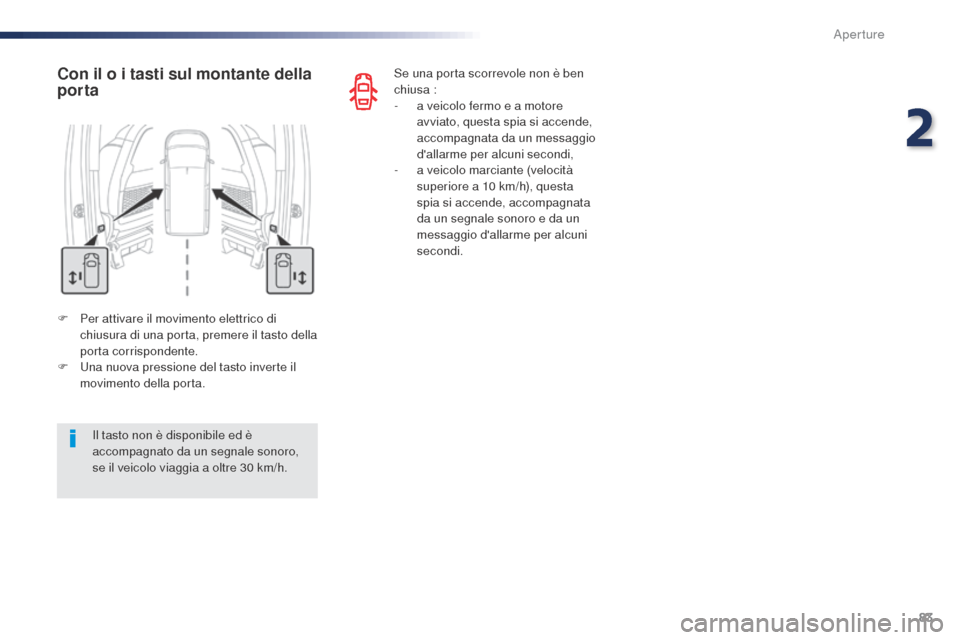 Peugeot Expert VU 2016 Manuale del proprietario (in Italian) 83
Expert_it_Chap02_ouvertures_ed01-2016
F Per attivare il movimento elettrico di chiusura di una porta, premere il tasto della
porta corrispondente.
F
U
na nuova pressione del tasto inverte il
m Peugeot Expert VU 2016 Manuale del proprietario (in Italian) 83
Expert_it_Chap02_ouvertures_ed01-2016
F Per attivare il movimento elettrico di chiusura di una porta, premere il tasto della
porta corrispondente.
F
U
na nuova pressione del tasto inverte il
m