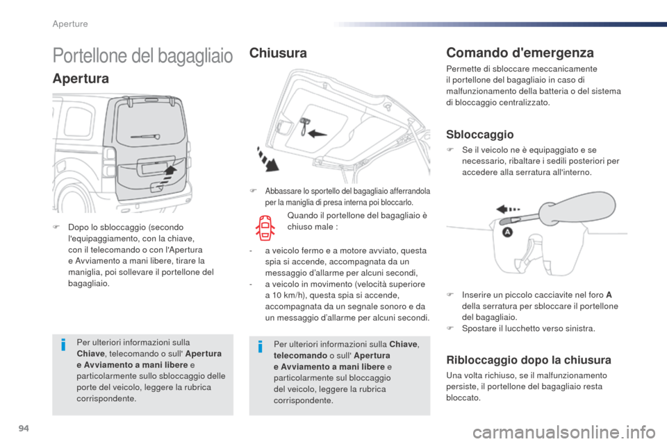 Peugeot Expert VU 2016  Manuale del proprietario (in Italian) 94
Expert_it_Chap02_ouvertures_ed01-2016
Per ulteriori informazioni sulla 
Chiave, telecomando o sull Apertura 
e Avviamento a mani libere e 
particolarmente sullo sbloccaggio delle 
porte del veicol