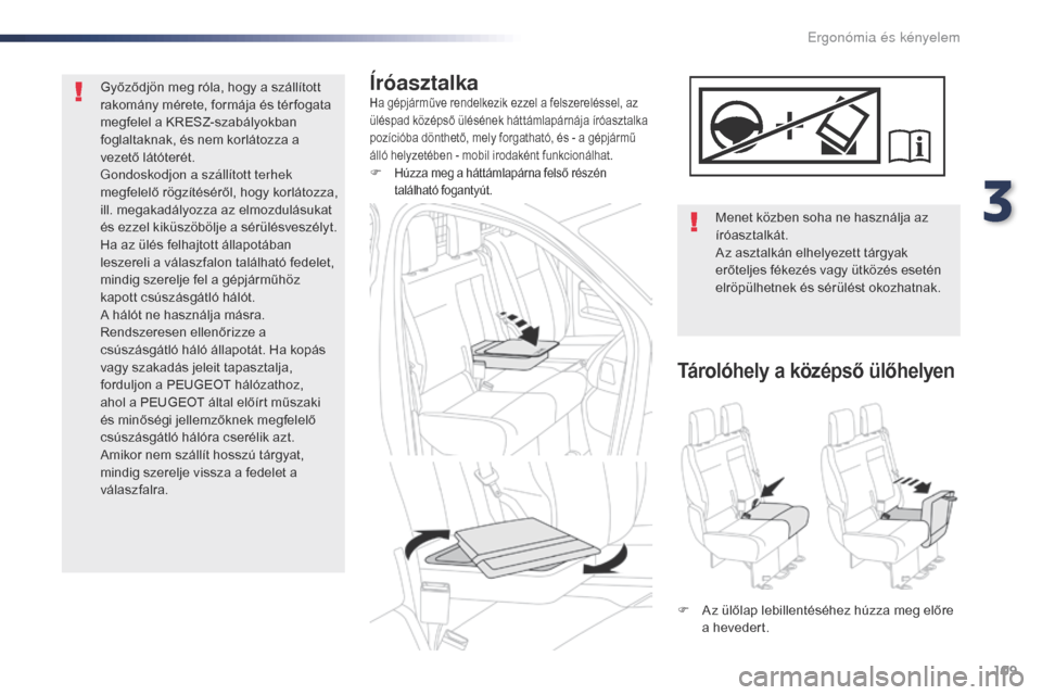 Peugeot Expert VU 2016 Kezelési útmutató (in Hungarian) 109
Expert_hu_Chap03_ergonomie-et-confort_ed01-2016
ÍróasztalkaHa gépjárműve rendelkezik ezzel a felszereléssel, az
üléspad középső ülésének háttámlapárnája íróasztalka
pozíció Peugeot Expert VU 2016 Kezelési útmutató (in Hungarian) 109
Expert_hu_Chap03_ergonomie-et-confort_ed01-2016
ÍróasztalkaHa gépjárműve rendelkezik ezzel a felszereléssel, az
üléspad középső ülésének háttámlapárnája íróasztalka
pozíció
