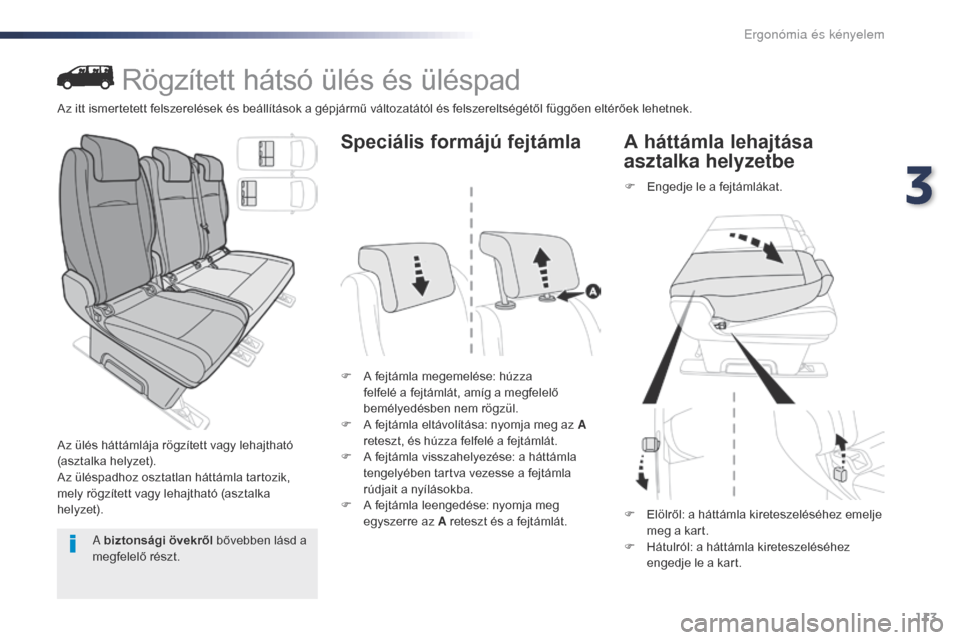Peugeot Expert VU 2016 Kezelési útmutató (in Hungarian) 113
Expert_hu_Chap03_ergonomie-et-confort_ed01-2016
Rögzített hátsó ülés és üléspad
Az ülés háttámlája rögzített vagy lehajtható
(asztalka helyzet).
Az üléspadhoz osztatlan háttá Peugeot Expert VU 2016 Kezelési útmutató (in Hungarian) 113
Expert_hu_Chap03_ergonomie-et-confort_ed01-2016
Rögzített hátsó ülés és üléspad
Az ülés háttámlája rögzített vagy lehajtható
(asztalka helyzet).
Az üléspadhoz osztatlan háttá