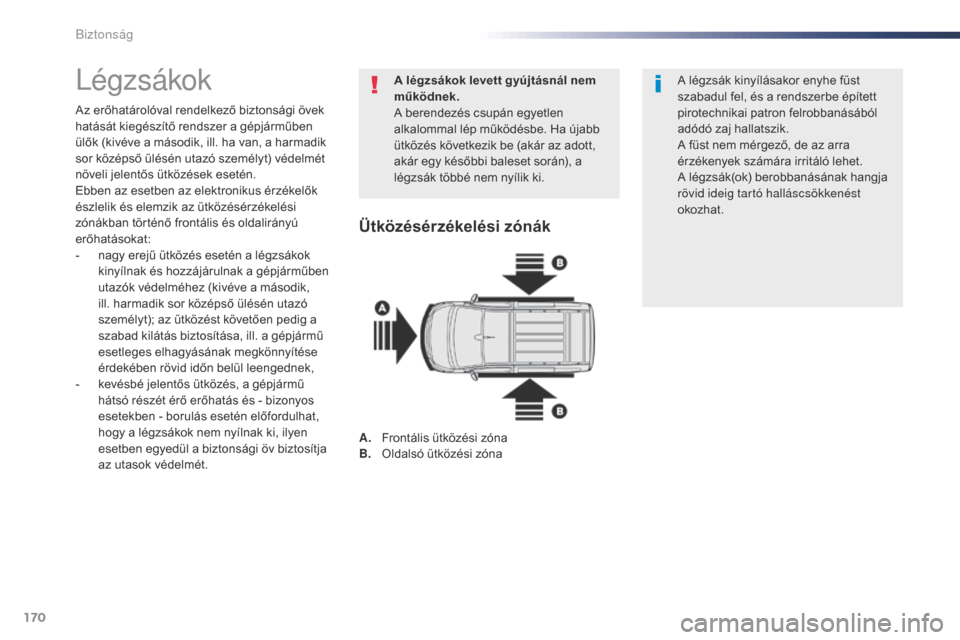 Peugeot Expert VU 2016 Kezelési útmutató (in Hungarian) 170
Expert_hu_Chap05_securite_ed01-2016
Légzsákok
Az erőhatárolóval rendelkező biztonsági övek
hatását kiegészítő rendszer a gépjárműben
ülők (kivéve a második, ill. ha van, a ha Peugeot Expert VU 2016 Kezelési útmutató (in Hungarian) 170
Expert_hu_Chap05_securite_ed01-2016
Légzsákok
Az erőhatárolóval rendelkező biztonsági övek
hatását kiegészítő rendszer a gépjárműben
ülők (kivéve a második, ill. ha van, a ha