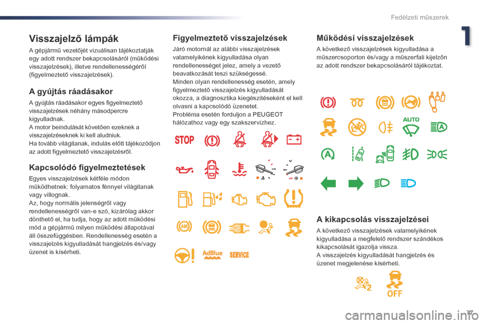 Peugeot Expert VU 2016  Kezelési útmutató (in Hungarian) 17
Expert_hu_Chap01_instruments-de-bord_ed01-2016
Visszajelző lámpák
A gépjármű vezetőjét vizuálisan tájékoztatják 
egy adott rendszer bekapcsolásáról (működési 
visszajelzések), il