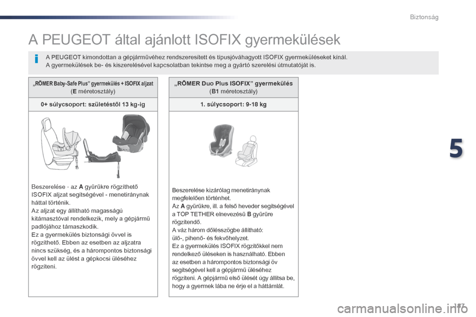 Peugeot Expert VU 2016 Kezelési útmutató (in Hungarian) 187
Expert_hu_Chap05_securite_ed01-2016
A PEUGEOT által ajánlott ISOFIX gyermekülések
A PEUGEOT kimondottan a gépjárművéhez rendszeresített és típusjóváhagyott ISOFIX gyermeküléseket k Peugeot Expert VU 2016 Kezelési útmutató (in Hungarian) 187
Expert_hu_Chap05_securite_ed01-2016
A PEUGEOT által ajánlott ISOFIX gyermekülések
A PEUGEOT kimondottan a gépjárművéhez rendszeresített és típusjóváhagyott ISOFIX gyermeküléseket k