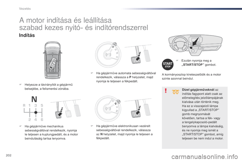 Peugeot Expert VU 2016 Kezelési útmutató (in Hungarian) 202
Expert_hu_Chap06_conduite_ed01-2016
Dízel gépjárműveknél az
indítás fagypont alatt csak az
előmelegítés jelzőlámpájának
kialvása után történik meg.
Ha ez a visszajelző lámp Peugeot Expert VU 2016 Kezelési útmutató (in Hungarian) 202
Expert_hu_Chap06_conduite_ed01-2016
Dízel gépjárműveknél az
indítás fagypont alatt csak az
előmelegítés jelzőlámpájának
kialvása után történik meg.
Ha ez a visszajelző lámp