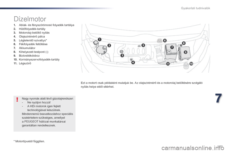 Peugeot Expert VU 2016 Kezelési útmutató (in Hungarian) 277
Expert_hu_Chap07_info-pratiques_ed01-2016
* Motortípustól függően.
Dízelmotor
1. Ablak- és fényszórómosó folyadék tartálya
2. Hűtőfolyadék-tartály
3.
M
otorolaj-betöltő nyílá Peugeot Expert VU 2016 Kezelési útmutató (in Hungarian) 277
Expert_hu_Chap07_info-pratiques_ed01-2016
* Motortípustól függően.
Dízelmotor
1. Ablak- és fényszórómosó folyadék tartálya
2. Hűtőfolyadék-tartály
3.
M
otorolaj-betöltő nyílá