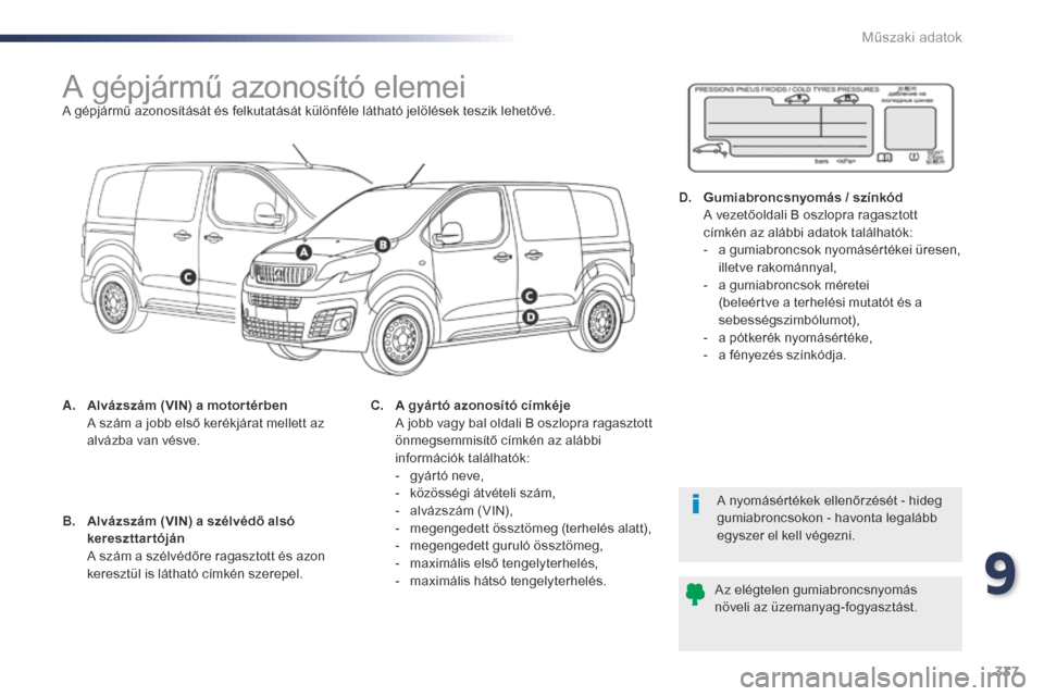 Peugeot Expert VU 2016 Kezelési útmutató (in Hungarian) 337
Expert_hu_Chap09_caracteristiques-techniques_ed01-2016
A gépjármű azonosító elemeiA gépjármű azonosítását és felkutatását különféle látható jelölések teszik lehetővé.
A.
A
Peugeot Expert VU 2016 Kezelési útmutató (in Hungarian) 337
Expert_hu_Chap09_caracteristiques-techniques_ed01-2016
A gépjármű azonosító elemeiA gépjármű azonosítását és felkutatását különféle látható jelölések teszik lehetővé.
A.
A