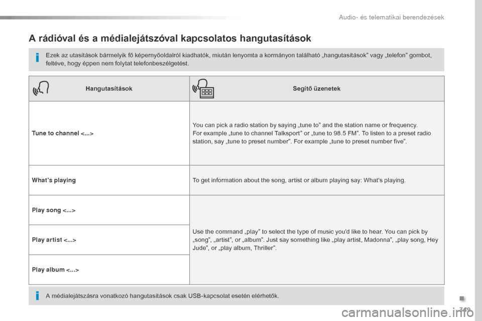 Peugeot Expert VU 2016 Kezelési útmutató (in Hungarian) 349
Expert_hu_Chap10b_NAC-1_ed01-2016
A rádióval és a médialejátszóval kapcsolatos hangutasítások
Ezek az utasítások bármelyik fő képernyőoldalról kiadhatók, miután lenyomta a kormán Peugeot Expert VU 2016 Kezelési útmutató (in Hungarian) 349
Expert_hu_Chap10b_NAC-1_ed01-2016
A rádióval és a médialejátszóval kapcsolatos hangutasítások
Ezek az utasítások bármelyik fő képernyőoldalról kiadhatók, miután lenyomta a kormán
