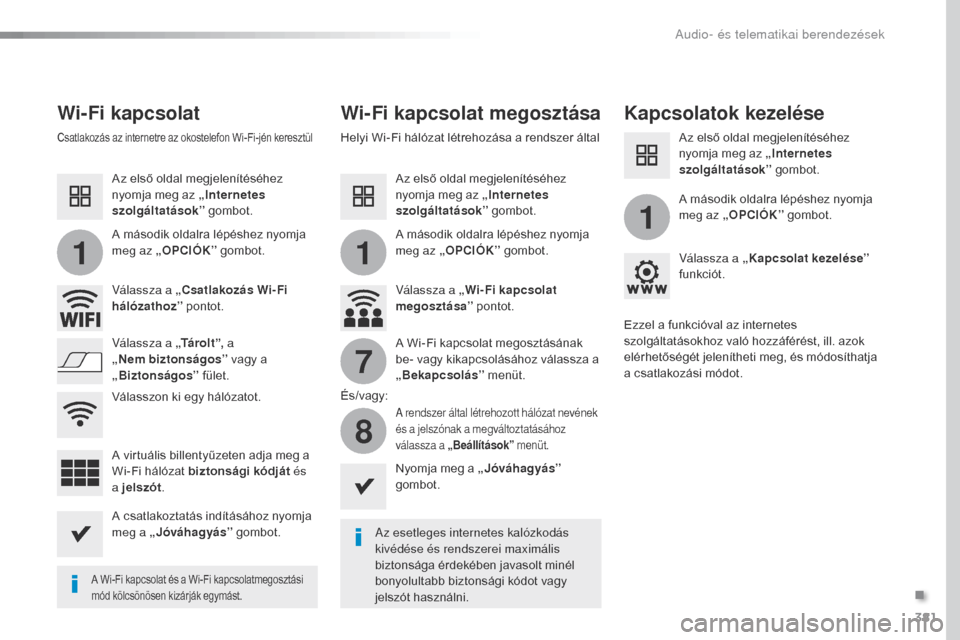 Peugeot Expert VU 2016 Kezelési útmutató (in Hungarian) 381
11
1
7
8
Expert_hu_Chap10b_NAC-1_ed01-2016
Wi-Fi kapcsolatWi-Fi kapcsolat megosztása Kapcsolatok kezelése
Az esetleges internetes kalózkodás
kivédése és rendszerei maximális
biztonsága Peugeot Expert VU 2016 Kezelési útmutató (in Hungarian) 381
11
1
7
8
Expert_hu_Chap10b_NAC-1_ed01-2016
Wi-Fi kapcsolatWi-Fi kapcsolat megosztása Kapcsolatok kezelése
Az esetleges internetes kalózkodás
kivédése és rendszerei maximális
biztonsága