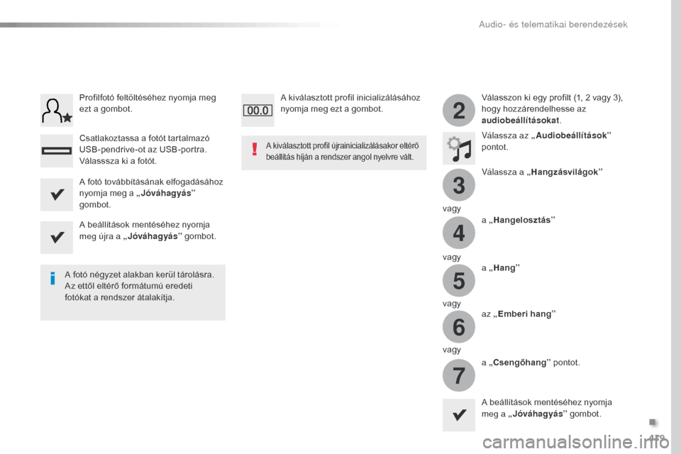 Peugeot Expert VU 2016 Kezelési útmutató (in Hungarian) 419
3
2
4
5
6
7
Expert_hu_Chap10b_NAC-1_ed01-2016
Válasszon ki egy profilt (1, 2 vagy 3),
hogy hozzárendelhesse az
audiobeállításokat .
Válassza az „Audiobeállítások ”
pontot.
Válas Peugeot Expert VU 2016 Kezelési útmutató (in Hungarian) 419
3
2
4
5
6
7
Expert_hu_Chap10b_NAC-1_ed01-2016
Válasszon ki egy profilt (1, 2 vagy 3),
hogy hozzárendelhesse az
audiobeállításokat .
Válassza az „Audiobeállítások ”
pontot.
Válas