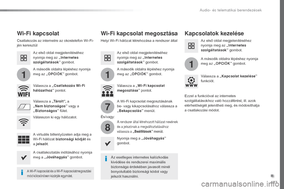 Peugeot Expert VU 2016 Kezelési útmutató (in Hungarian) 437
11
1
7
8
Expert_hu_Chap10c_RCC-1_ed01-2016
Wi-Fi kapcsolatWi-Fi kapcsolat megosztása Kapcsolatok kezelése
Az esetleges internetes kalózkodás
kivédése és rendszerei maximális
biztonsága Peugeot Expert VU 2016 Kezelési útmutató (in Hungarian) 437
11
1
7
8
Expert_hu_Chap10c_RCC-1_ed01-2016
Wi-Fi kapcsolatWi-Fi kapcsolat megosztása Kapcsolatok kezelése
Az esetleges internetes kalózkodás
kivédése és rendszerei maximális
biztonsága