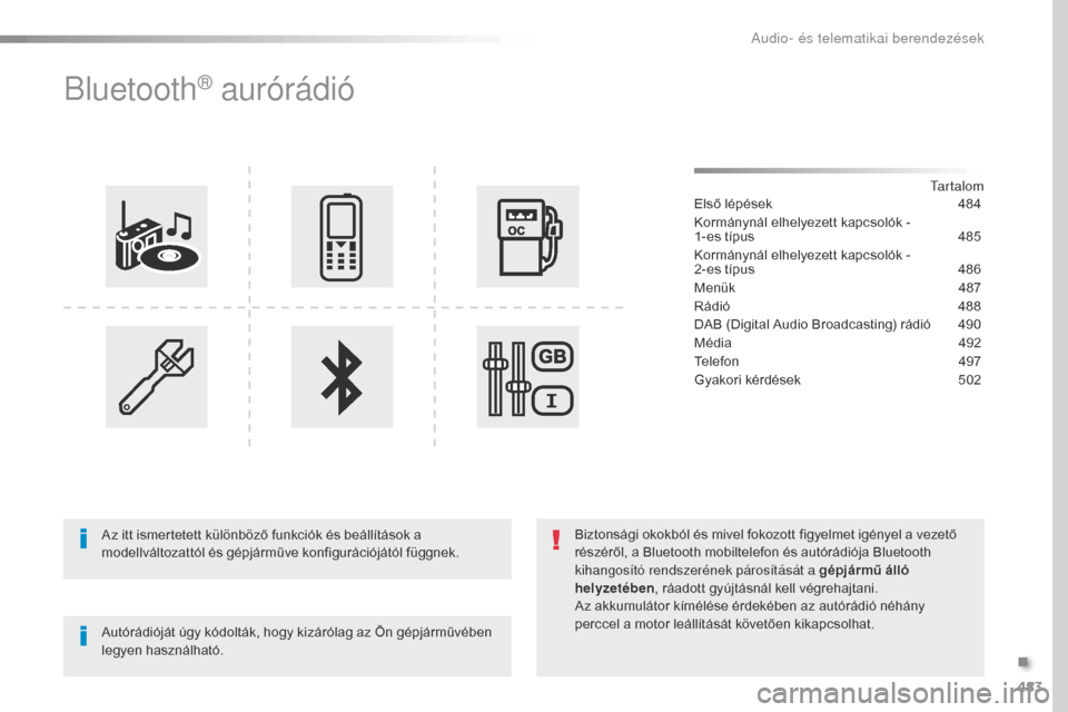 Peugeot Expert VU 2016 Kezelési útmutató (in Hungarian) 483
Expert_hu_Chap10d_RD6_ed01-2016
Bluetooth® aurórádió
tartalom
Első lépések
4 84
Kormánynál elhelyezett kapcsolók -
1-es típus
4
85
Kormánynál elhelyezett kapcsolók -
2-es tí Peugeot Expert VU 2016 Kezelési útmutató (in Hungarian) 483
Expert_hu_Chap10d_RD6_ed01-2016
Bluetooth® aurórádió
tartalom
Első lépések
4 84
Kormánynál elhelyezett kapcsolók -
1-es típus
4
85
Kormánynál elhelyezett kapcsolók -
2-es tí