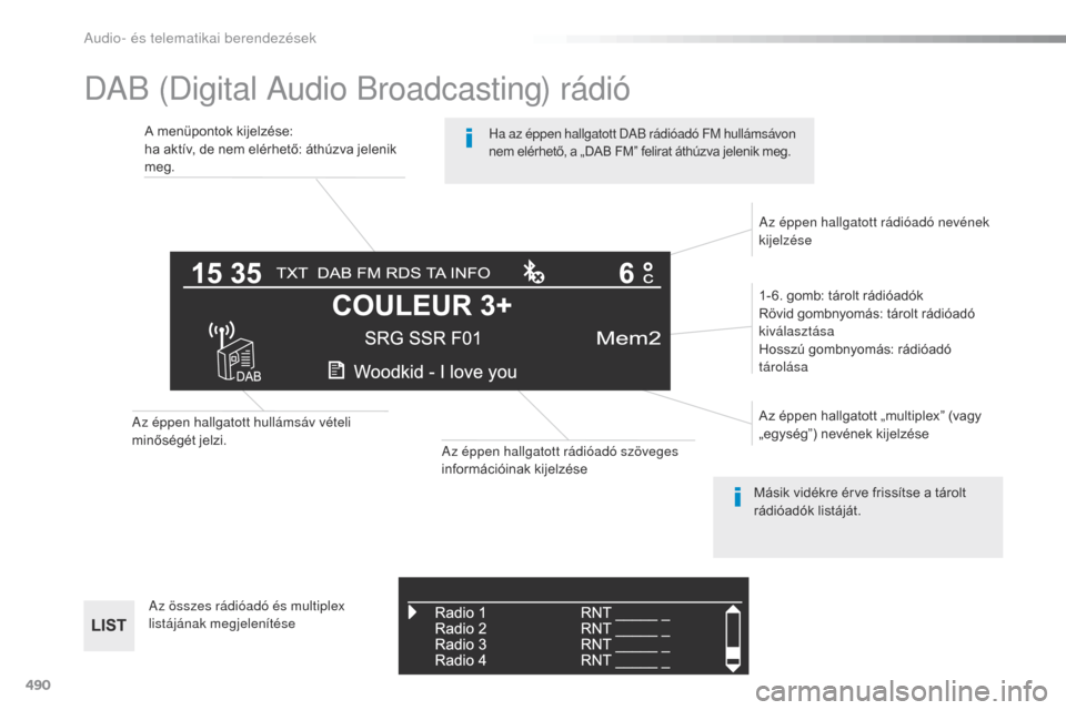 Peugeot Expert VU 2016 Kezelési útmutató (in Hungarian) 490
DAB (Digital Audio Broadcasting) rádió
A menüpontok kijelzése:
ha aktív, de nem elérhető: áthúzva jelenik
meg.1- 6. gomb: tárolt rádióadók
Rövid gombnyomás: tárolt rádióadó
ki Peugeot Expert VU 2016 Kezelési útmutató (in Hungarian) 490
DAB (Digital Audio Broadcasting) rádió
A menüpontok kijelzése:
ha aktív, de nem elérhető: áthúzva jelenik
meg.1- 6. gomb: tárolt rádióadók
Rövid gombnyomás: tárolt rádióadó
ki