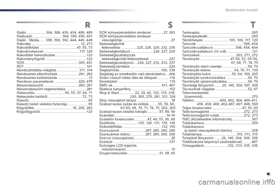 Peugeot Expert VU 2016  Kezelési útmutató (in Hungarian) 511
Expert_hu_Chap11_index-alpha_ed01-2016
R
tanksapka .....................................................265
Tanksapkafedél ............................... ..............265
Tárolóhelyek
 ......