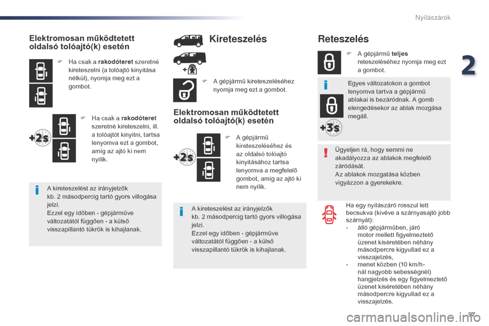 Peugeot Expert VU 2016  Kezelési útmutató (in Hungarian) 57
Expert_hu_Chap02_ouvertures_ed01-2016
Reteszelés
Ügyeljen rá, hogy semmi ne 
akadályozza az ablakok megfelelő 
záródását.
Az ablakok mozgatása közben 
vigyázzon a gyerekekre.Ha egy nyí