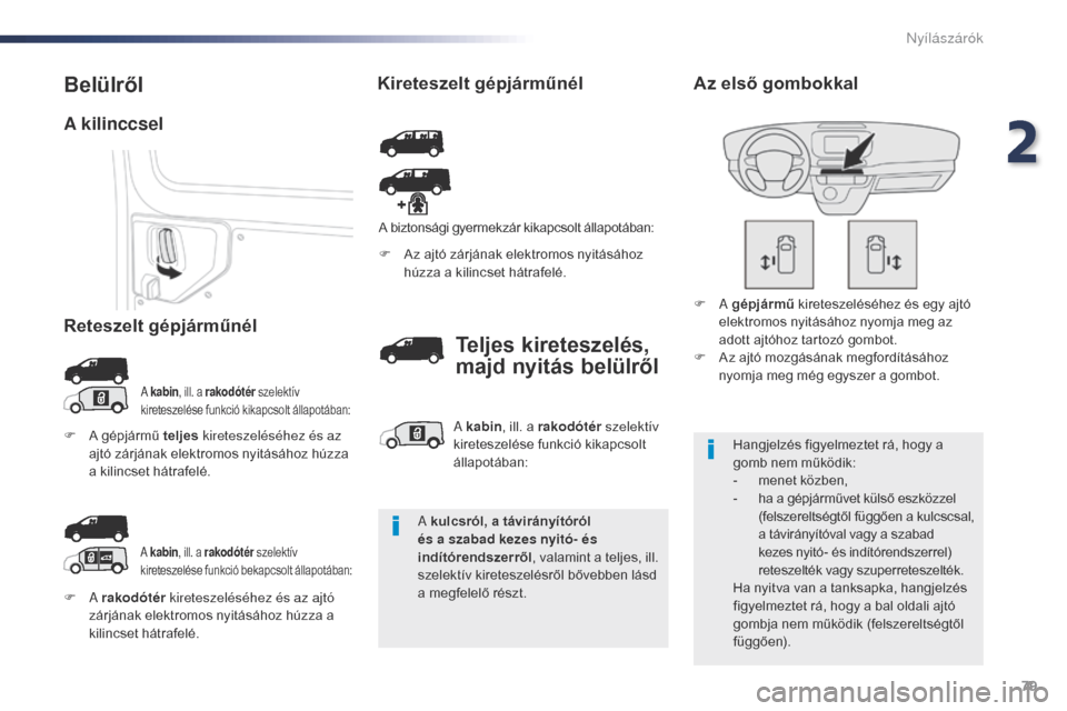 Peugeot Expert VU 2016  Kezelési útmutató (in Hungarian) 79
Expert_hu_Chap02_ouvertures_ed01-2016
F A rakodótér  kireteszeléséhez és az ajtó 
zárjának elektromos nyitásához húzza a 
kilincset hátrafelé. F
 
A
 z ajtó zárjának elektromos nyit