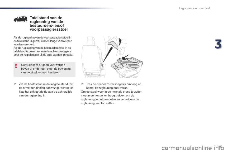 Peugeot Expert VU 2016 Handleiding (in Dutch) 101
Expert_nl_Chap03_ergonomie-et-confort_ed01-2016
F Zet de hoofdsteun in de laagste stand, zet de armsteun (indien aanwezig) rechtop en
klap het uitklaptafeltje aan de achterzijde
van de rugleunin Peugeot Expert VU 2016 Handleiding (in Dutch) 101
Expert_nl_Chap03_ergonomie-et-confort_ed01-2016
F Zet de hoofdsteun in de laagste stand, zet de armsteun (indien aanwezig) rechtop en
klap het uitklaptafeltje aan de achterzijde
van de rugleunin