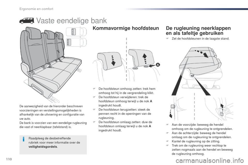Peugeot Expert VU 2016 Handleiding (in Dutch) 110
Expert_nl_Chap03_ergonomie-et-confort_ed01-2016
Vaste eendelige bank
F De hoofdsteun omhoog zetten: trek hem omhoog tot hij in de vergrendeling klikt.
F
D
e hoofdsteun verwijderen: trek de
hoo Peugeot Expert VU 2016 Handleiding (in Dutch) 110
Expert_nl_Chap03_ergonomie-et-confort_ed01-2016
Vaste eendelige bank
F De hoofdsteun omhoog zetten: trek hem omhoog tot hij in de vergrendeling klikt.
F
D
e hoofdsteun verwijderen: trek de
hoo