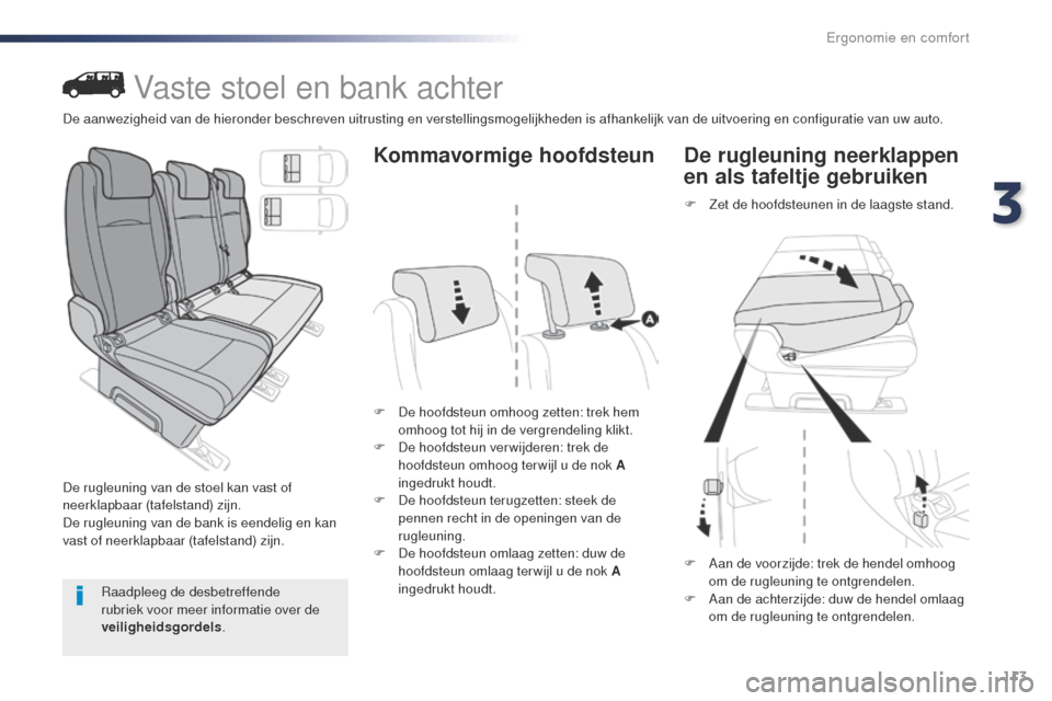 Peugeot Expert VU 2016 Handleiding (in Dutch) 113
Expert_nl_Chap03_ergonomie-et-confort_ed01-2016
Vaste stoel en bank achter
De rugleuning van de stoel kan vast of
neerklapbaar (tafelstand) zijn.
De rugleuning van de bank is eendelig en kan
vas Peugeot Expert VU 2016 Handleiding (in Dutch) 113
Expert_nl_Chap03_ergonomie-et-confort_ed01-2016
Vaste stoel en bank achter
De rugleuning van de stoel kan vast of
neerklapbaar (tafelstand) zijn.
De rugleuning van de bank is eendelig en kan
vas