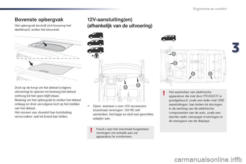 Peugeot Expert VU 2016  Handleiding (in Dutch) 121
Expert_nl_Chap03_ergonomie-et-confort_ed01-2016
Bovenste opbergvak
Het opbergvak bevindt zich bovenop het 
dashboard, achter het stuurwiel.
Druk op de knop om het deksel (volgens 
uitvoering) te o