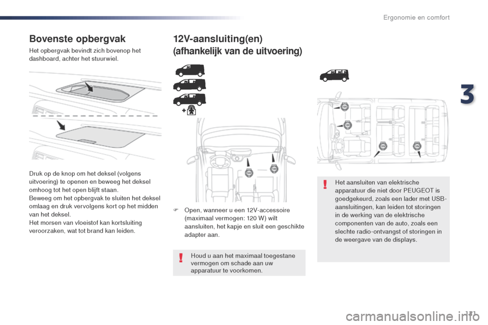 Peugeot Expert VU 2016 Handleiding (in Dutch) 121
Expert_nl_Chap03_ergonomie-et-confort_ed01-2016
Bovenste opbergvak
Het opbergvak bevindt zich bovenop het
dashboard, achter het stuurwiel.
Druk op de knop om het deksel (volgens
uitvoering) te o Peugeot Expert VU 2016 Handleiding (in Dutch) 121
Expert_nl_Chap03_ergonomie-et-confort_ed01-2016
Bovenste opbergvak
Het opbergvak bevindt zich bovenop het
dashboard, achter het stuurwiel.
Druk op de knop om het deksel (volgens
uitvoering) te o