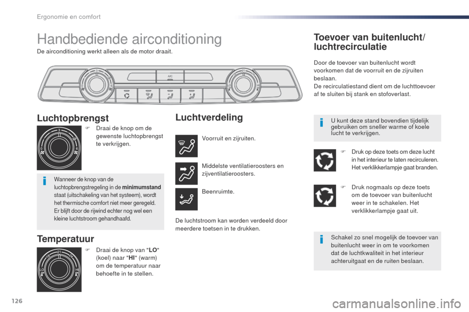 Peugeot Expert VU 2016 Handleiding (in Dutch) 126
Expert_nl_Chap03_ergonomie-et-confort_ed01-2016
De airconditioning werkt alleen als de motor draait.
Handbediende airconditioning
Temperatuur
F Draai de knop van "LO"
(koel) naar " HI" (warm)
om Peugeot Expert VU 2016 Handleiding (in Dutch) 126
Expert_nl_Chap03_ergonomie-et-confort_ed01-2016
De airconditioning werkt alleen als de motor draait.
Handbediende airconditioning
Temperatuur
F Draai de knop van "LO"
(koel) naar " HI" (warm)
om