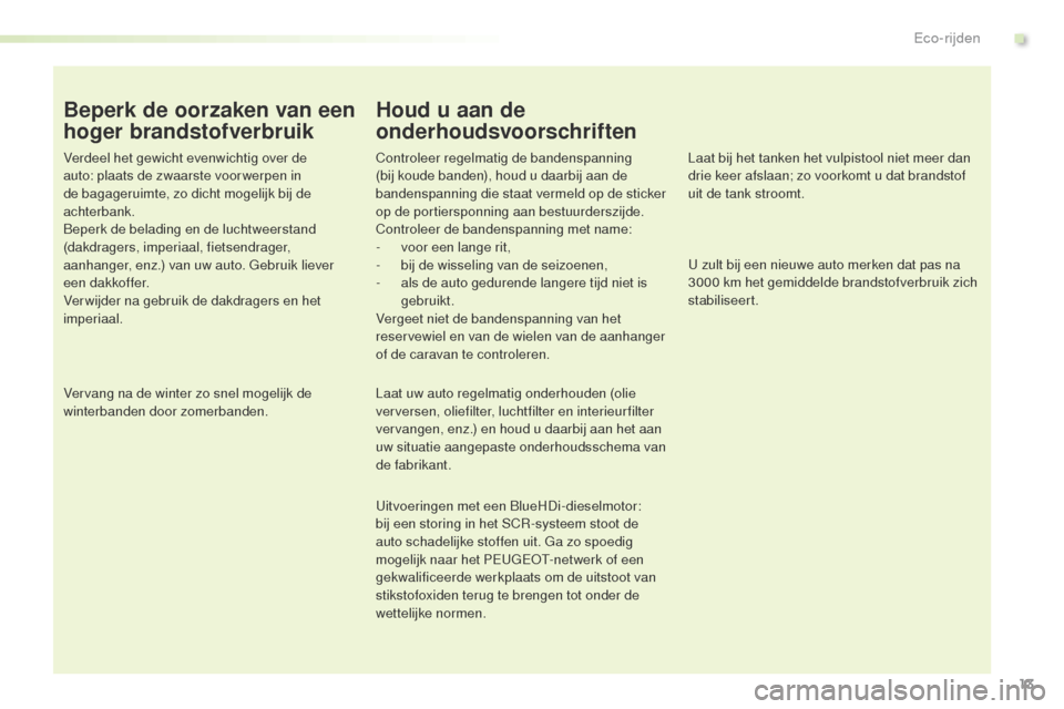 Peugeot Expert VU 2016 Handleiding (in Dutch) 13
Expert_nl_Chap00c_eco-conduite_ed01-2016
Beperk de oorzaken van een
hoger brandstofverbruik
Verdeel het gewicht evenwichtig over de
auto: plaats de zwaarste voor werpen in
de bagageruimte, zo di Peugeot Expert VU 2016 Handleiding (in Dutch) 13
Expert_nl_Chap00c_eco-conduite_ed01-2016
Beperk de oorzaken van een
hoger brandstofverbruik
Verdeel het gewicht evenwichtig over de
auto: plaats de zwaarste voor werpen in
de bagageruimte, zo di