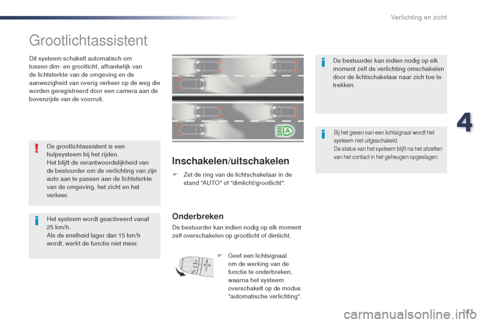 Peugeot Expert VU 2016 Handleiding (in Dutch) 153
Expert_nl_Chap04_eclairage-et-visibilite_ed01-2016
grootlichtassistent
Dit systeem schakelt automatisch om
tussen dim- en grootlicht, afhankelijk van
de lichtsterkte van de omgeving en de
aanwe Peugeot Expert VU 2016 Handleiding (in Dutch) 153
Expert_nl_Chap04_eclairage-et-visibilite_ed01-2016
grootlichtassistent
Dit systeem schakelt automatisch om
tussen dim- en grootlicht, afhankelijk van
de lichtsterkte van de omgeving en de
aanwe