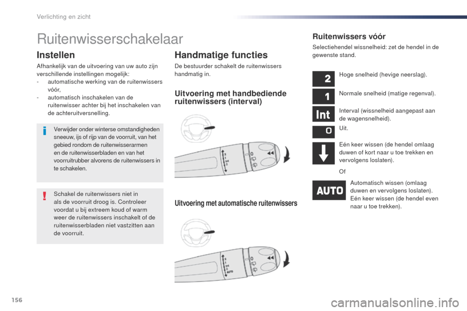 Peugeot Expert VU 2016 Handleiding (in Dutch) 156
Expert_nl_Chap04_eclairage-et-visibilite_ed01-2016
Ruitenwisserschakelaar
Handmatige functies
De bestuurder schakelt de ruitenwissers
handmatig in.
Instellen
Afhankelijk van de uitvoering van uw Peugeot Expert VU 2016 Handleiding (in Dutch) 156
Expert_nl_Chap04_eclairage-et-visibilite_ed01-2016
Ruitenwisserschakelaar
Handmatige functies
De bestuurder schakelt de ruitenwissers
handmatig in.
Instellen
Afhankelijk van de uitvoering van uw