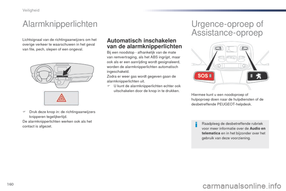 Peugeot Expert VU 2016  Handleiding (in Dutch) 160
Expert_nl_Chap05_securite_ed01-2016
Automatisch inschakelen 
van de alarmknipperlichten
Alarmknipperlichten
Bij een noodstop - afhankelijk van de mate 
van remvertraging, als het ABS ingrijpt, maa