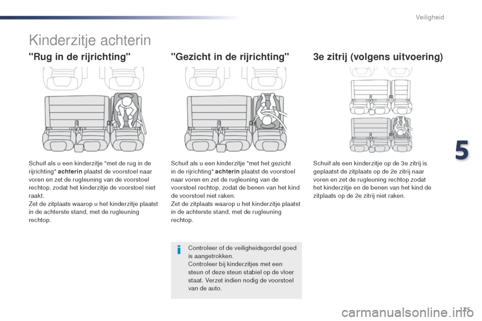 Peugeot Expert VU 2016 Handleiding (in Dutch) 175
Expert_nl_Chap05_securite_ed01-2016
Kinderzitje achterin
"Rug in de rijrichting"
Schuif als u een kinderzitje "met de rug in de
rijrichting" achterin plaatst de voorstoel naar
voren en zet de ru Peugeot Expert VU 2016 Handleiding (in Dutch) 175
Expert_nl_Chap05_securite_ed01-2016
Kinderzitje achterin
"Rug in de rijrichting"
Schuif als u een kinderzitje "met de rug in de
rijrichting" achterin plaatst de voorstoel naar
voren en zet de ru