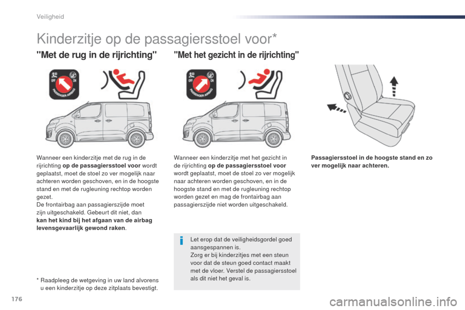 Peugeot Expert VU 2016 Handleiding (in Dutch) 176
Expert_nl_Chap05_securite_ed01-2016
Passagiersstoel in de hoogste stand en zo
ver mogelijk naar achteren.
"Met de rug in de rijrichting"
Kinderzitje op de passagiersstoel voor*
"Met het gezicht i Peugeot Expert VU 2016 Handleiding (in Dutch) 176
Expert_nl_Chap05_securite_ed01-2016
Passagiersstoel in de hoogste stand en zo
ver mogelijk naar achteren.
"Met de rug in de rijrichting"
Kinderzitje op de passagiersstoel voor*
"Met het gezicht i
