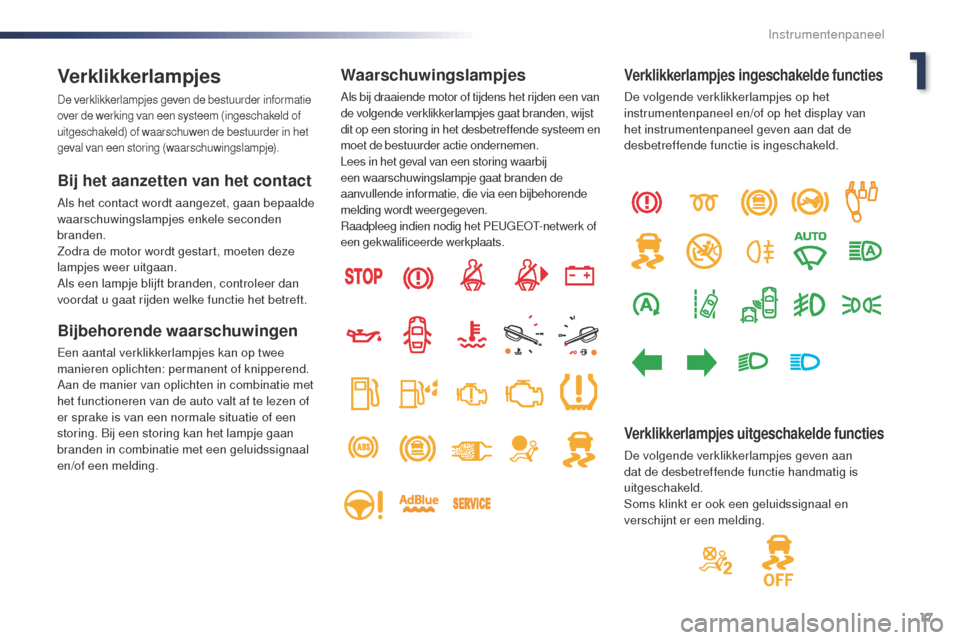 Peugeot Expert VU 2016 Handleiding (in Dutch) 17
Expert_nl_Chap01_instruments-de-bord_ed01-2016
Verklikkerlampjes
De verklikkerlampjes geven de bestuurder informatie
over de werking van een systeem (ingeschakeld of
uitgeschakeld) of waarschuwen Peugeot Expert VU 2016 Handleiding (in Dutch) 17
Expert_nl_Chap01_instruments-de-bord_ed01-2016
Verklikkerlampjes
De verklikkerlampjes geven de bestuurder informatie
over de werking van een systeem (ingeschakeld of
uitgeschakeld) of waarschuwen