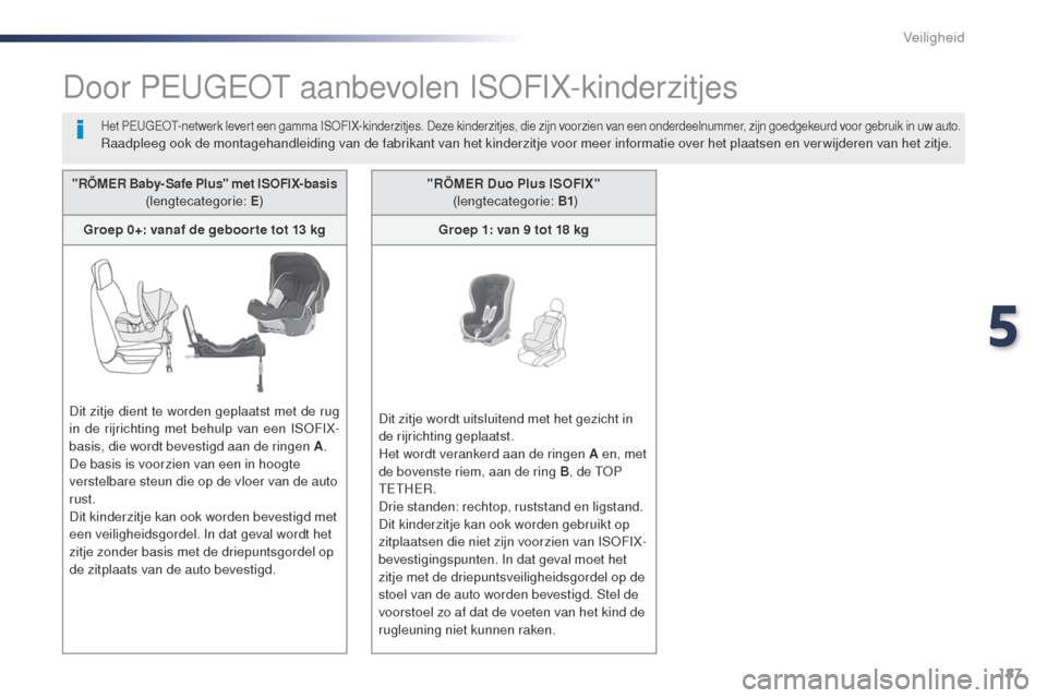 Peugeot Expert VU 2016 Handleiding (in Dutch) 187
Expert_nl_Chap05_securite_ed01-2016
Door PEugEot aa nbevolen IS oF IX-kinderzitjes
Het PEugEot- netwerk levert een gamma ISoF IX-kinderzitjes. Deze kinderzitjes, die zijn voorzien van een onderdee Peugeot Expert VU 2016 Handleiding (in Dutch) 187
Expert_nl_Chap05_securite_ed01-2016
Door PEugEot aa nbevolen IS oF IX-kinderzitjes
Het PEugEot- netwerk levert een gamma ISoF IX-kinderzitjes. Deze kinderzitjes, die zijn voorzien van een onderdee