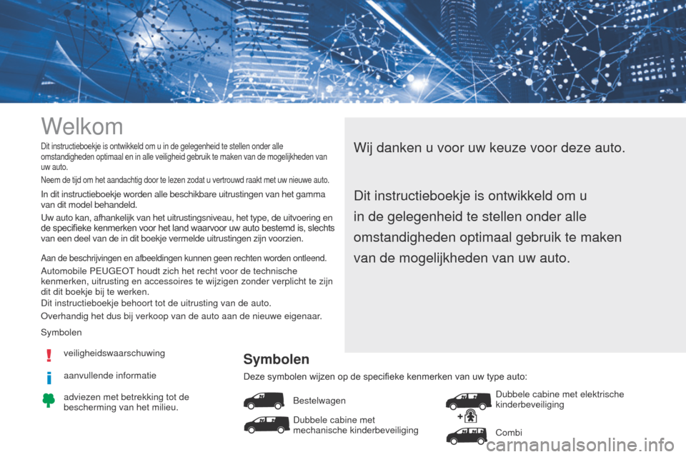 Peugeot Expert VU 2016 Handleiding (in Dutch) Welkom
Wij danken u voor uw keuze voor deze auto.Dit instructieboekje is ontwikkeld om u in de gelegenheid te stellen ond\
er alle
omstandigheden optimaal en in alle veiligheid gebruik te maken van d Peugeot Expert VU 2016 Handleiding (in Dutch) Welkom
Wij danken u voor uw keuze voor deze auto.Dit instructieboekje is ontwikkeld om u in de gelegenheid te stellen ond\
er alle
omstandigheden optimaal en in alle veiligheid gebruik te maken van d