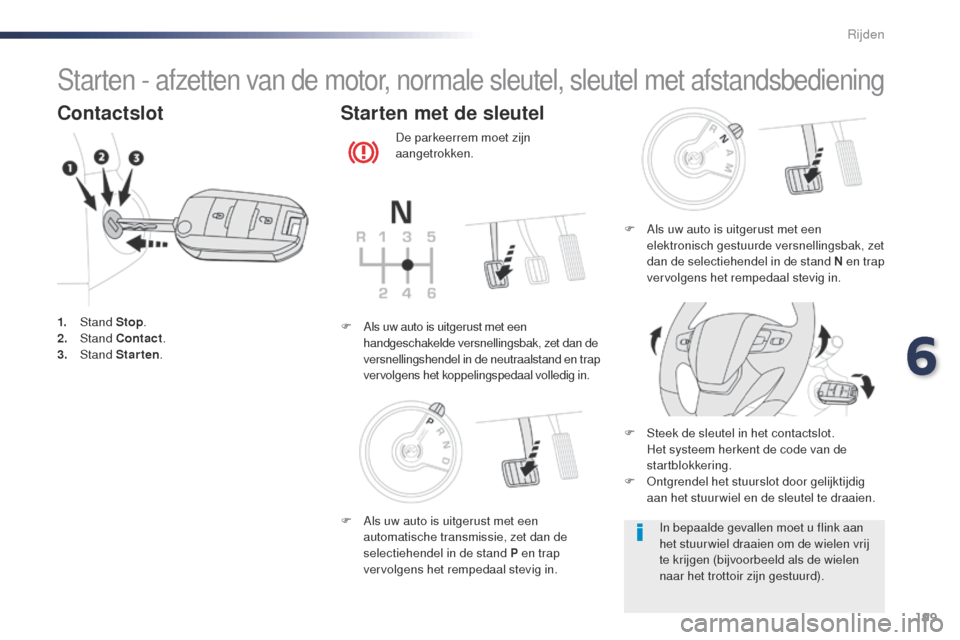 Peugeot Expert VU 2016 Handleiding (in Dutch) 199
Expert_nl_Chap06_conduite_ed01-2016
Starten - afzetten van de motor, normale sleutel, sleutel met afstandsbediening
Contactslot
1. Stand Stop.
2. S tand Contact .
3.
Stand Starten .
Starten m Peugeot Expert VU 2016 Handleiding (in Dutch) 199
Expert_nl_Chap06_conduite_ed01-2016
Starten - afzetten van de motor, normale sleutel, sleutel met afstandsbediening
Contactslot
1. Stand Stop.
2. S tand Contact .
3.
Stand Starten .
Starten m