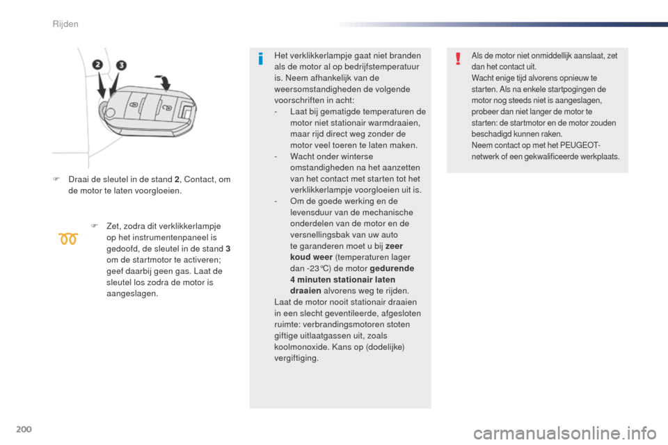 Peugeot Expert VU 2016 Handleiding (in Dutch) 200
Expert_nl_Chap06_conduite_ed01-2016
F Draai de sleutel in de stand 2, Contact, om
de motor te laten voorgloeien.
F
Z
et, zodra dit verklikkerlampje
op het instrumentenpaneel is
gedoofd, de s Peugeot Expert VU 2016 Handleiding (in Dutch) 200
Expert_nl_Chap06_conduite_ed01-2016
F Draai de sleutel in de stand 2, Contact, om
de motor te laten voorgloeien.
F
Z
et, zodra dit verklikkerlampje
op het instrumentenpaneel is
gedoofd, de s