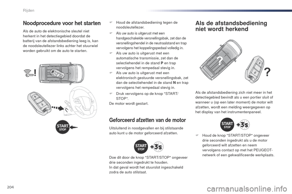 Peugeot Expert VU 2016 Handleiding (in Dutch) 204
Expert_nl_Chap06_conduite_ed01-2016
Noodprocedure voor het starten
Als de auto de elektronische sleutel niet
herkent in het detectiegebied doordat de
batterij van de afstandsbediening leeg is, k Peugeot Expert VU 2016 Handleiding (in Dutch) 204
Expert_nl_Chap06_conduite_ed01-2016
Noodprocedure voor het starten
Als de auto de elektronische sleutel niet
herkent in het detectiegebied doordat de
batterij van de afstandsbediening leeg is, k