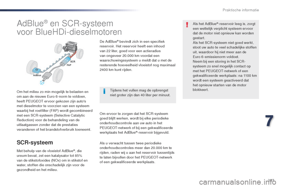 Peugeot Expert VU 2016  Handleiding (in Dutch) 283
Expert_nl_Chap07_info-pratiques_ed01-2016
AdBlue® en SCR-systeem
voor BlueHDi-dieselmotoren
om het milieu zo min mogelijk te belasten en 
om aan de nieuwe Euro 6 -norm te voldoen, 
heeft PE
u

g
