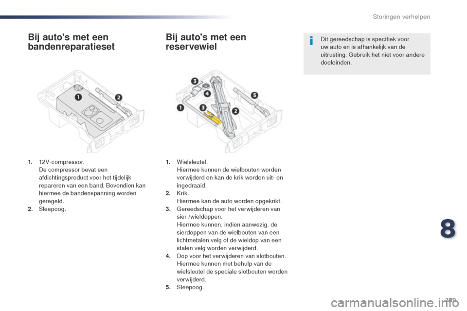 Peugeot Expert VU 2016  Handleiding (in Dutch) 289
Expert_nl_Chap08_En-cas-de-panne_ed01-2016
Bij autos met een 
bandenreparatieset
1. 12V-compressor. D
e compressor bevat een 
afdichtingsproduct voor het tijdelijk 
repareren van een band. Bovend