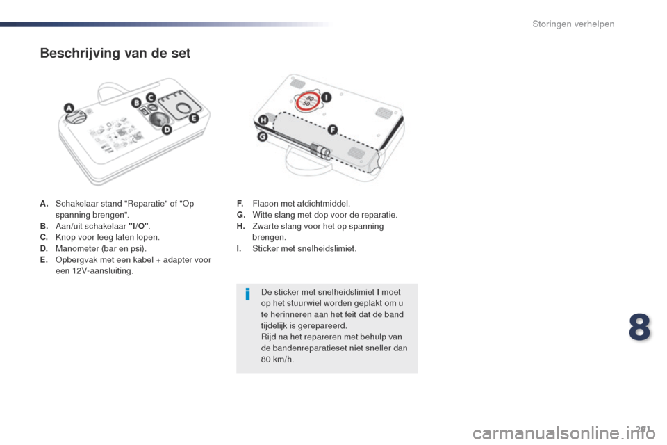 Peugeot Expert VU 2016  Handleiding (in Dutch) 291
Expert_nl_Chap08_En-cas-de-panne_ed01-2016
A. Schakelaar stand "Reparatie" of "op 
spanning brengen".
B.
 A

an/uit schakelaar "I/O" .
C.
 K

nop voor leeg laten lopen.
D.
 M

anometer (bar en psi